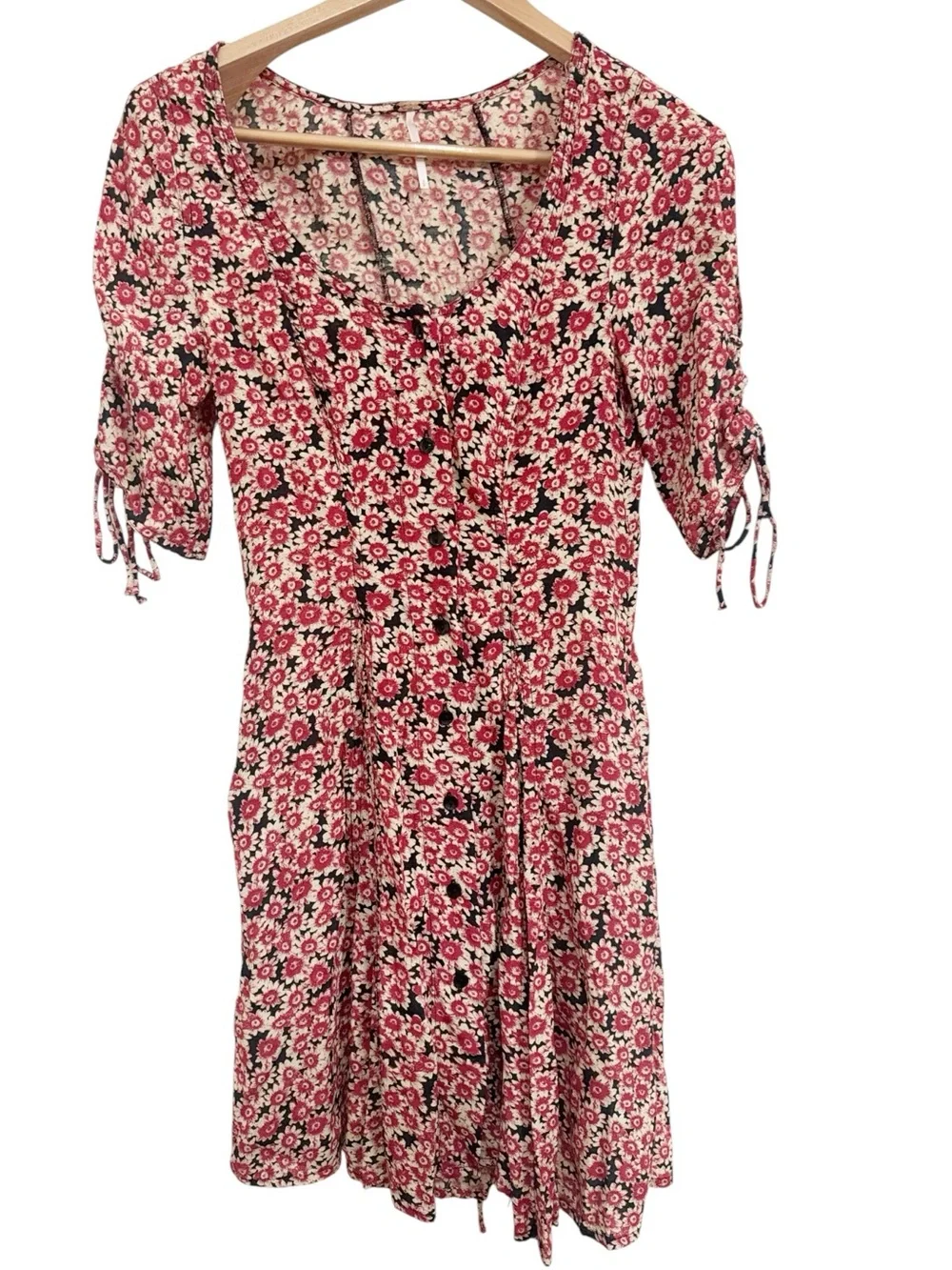 Free People Lace Up Mini Black Combo Dress Buttoned Front Ditsy Floral Print S